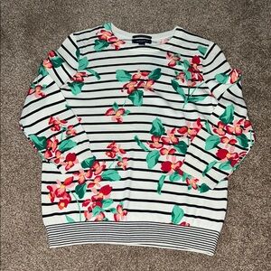 Lands' End Black and White Crew Neck Sweater with Floral Stripes